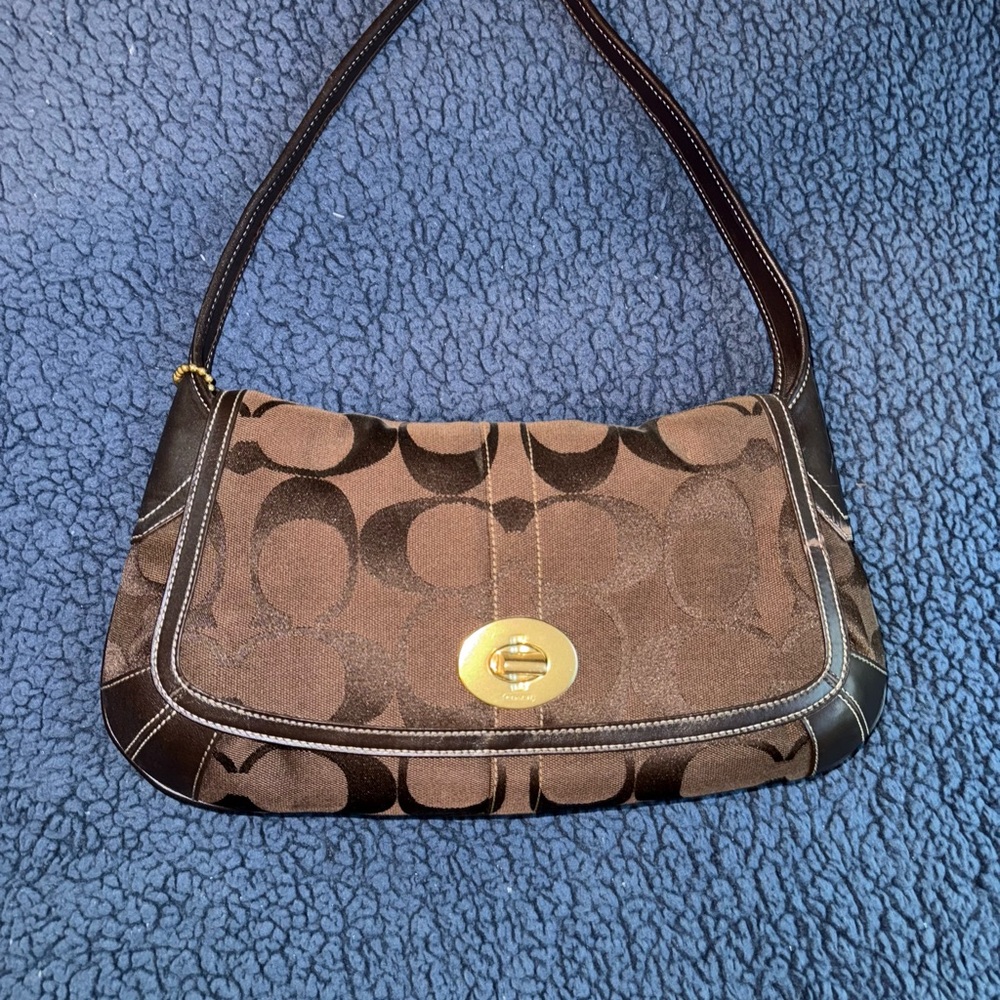Coach Brown and Black Shoulder Bag with Signature Monogram